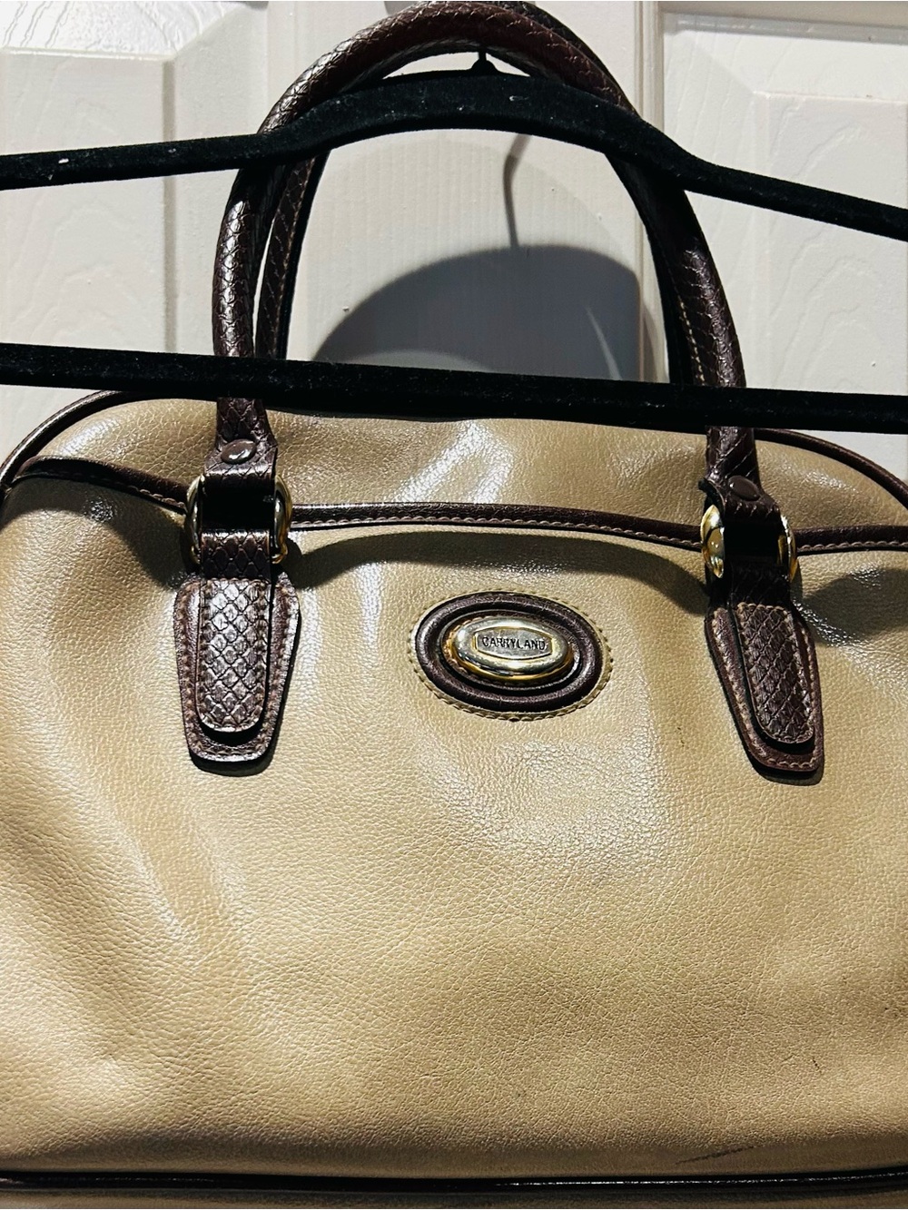 Carryland Beige Satchel with Dark Brown Trim and Gold Hardware
